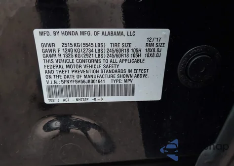 2018 Honda Pilot Ex-L from USA, damaged, VIN 5FNYF5H56JB001641